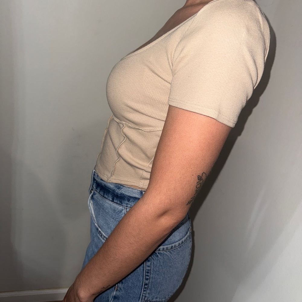 Tan Fitted Crop Bodysuit - Picture 2 of 4